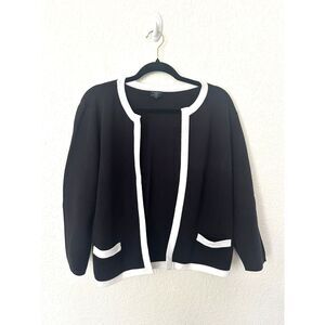 Talbots Pima Cotton Black White Open Front Cardigan Front Pockets Size Large